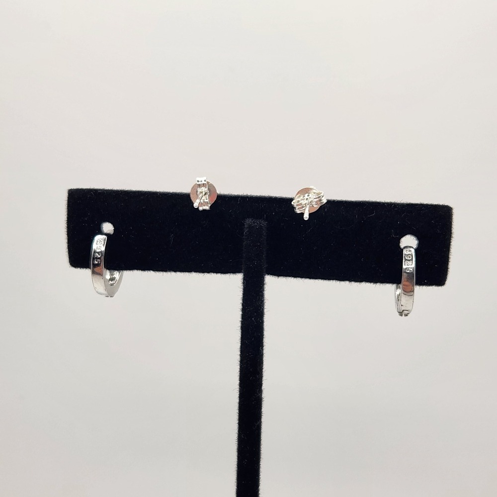 Silver Tone Triangle Swirl Stud Earrings and Crystal Hoop Earrings Set - Picture 3 of 7
